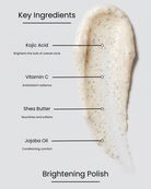 SILNT Brightening Polish key ingredients over a textured scrub swatch: Kojic Acid (brightens the look of uneven tone), Vitamin C (antioxidant radiance), Shea Butter (nourishes and softens), Jojoba Oil (conditioning comfort)