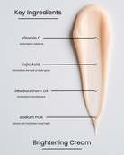 SILNT Brightening Cream key ingredients over a beige cream swatch: Vitamin C (antioxidant radiance), Kojic Acid (diminishes the look of dark spots), Sea Buckthorn Oil (antioxidant nourishment), Sodium PCA (leaves skin hydrated, never tight)
