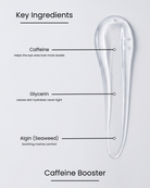 SILNT Caffeine Booster key ingredients over a clear gel swatch: Caffeine (helps the eye area look more awake), Glycerin (leaves skin hydrated, never tight), Algin (Seaweed) (soothing marine comfort)