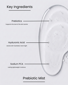 SILNT Prebiotic Mist key ingredients over a clear gel swatch: Prebiotics (supports the look of the skin barrier), Hyaluronic Acid (leaves skin hydrated, never tight), Sodium PCA (lasting lightweight moisture)