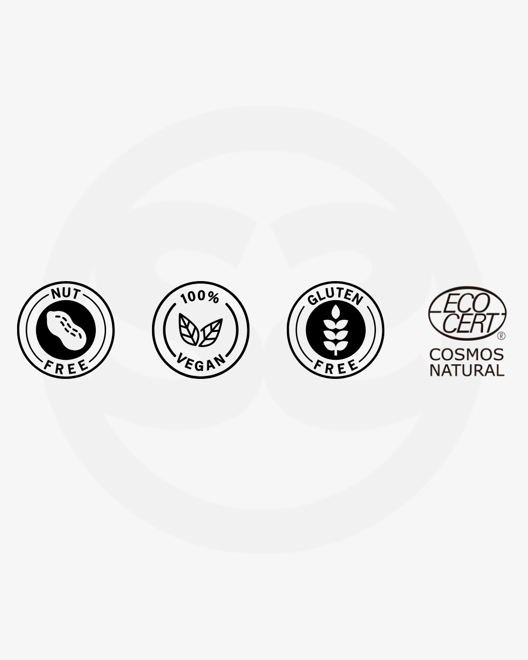 SILNT product certification badges: Vegan Product, Ecocert COSMOS Natural, Gluten Free, and Nut Free