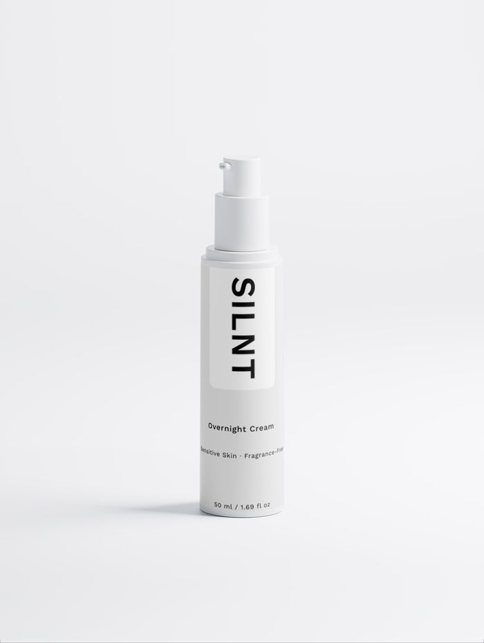 SILNT Overnight Cream white pump bottle on a light grey background