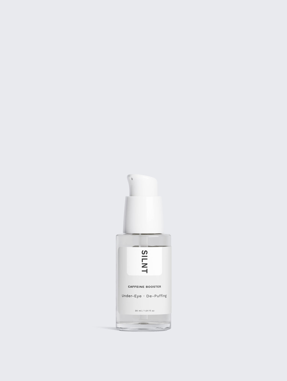 SILNT Caffeine Booster pump bottle standing on a light minimalist background