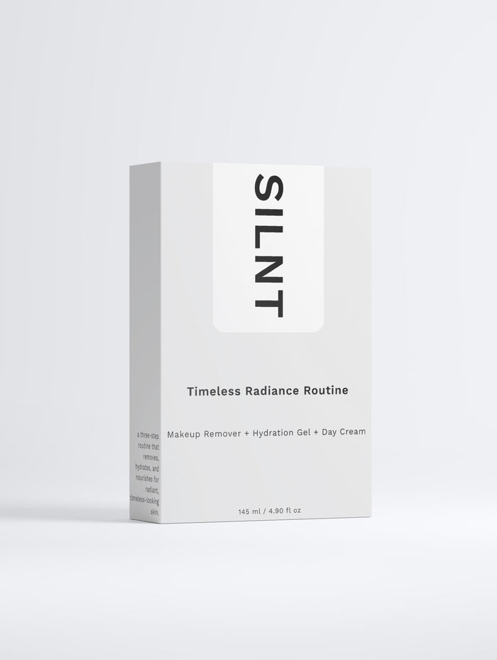 SILNT Timeless Radiance Routine carton: Makeup Remover, Hydration Gel and Day Cream