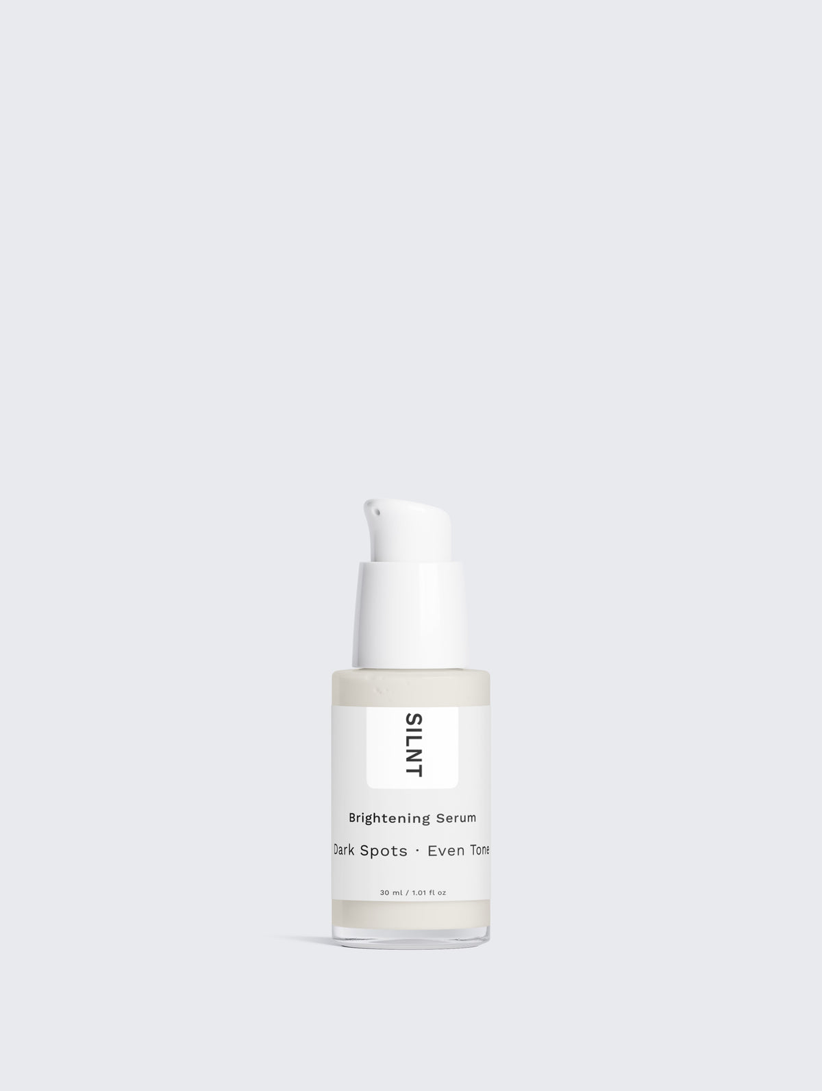 SILNT Brightening Serum frosted glass bottle on a light grey background