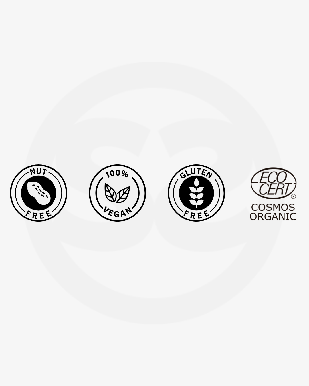 Certification badges for SILNT Cleansing Milk: nut free, 100% vegan, gluten free and Ecocert COSMOS Organic