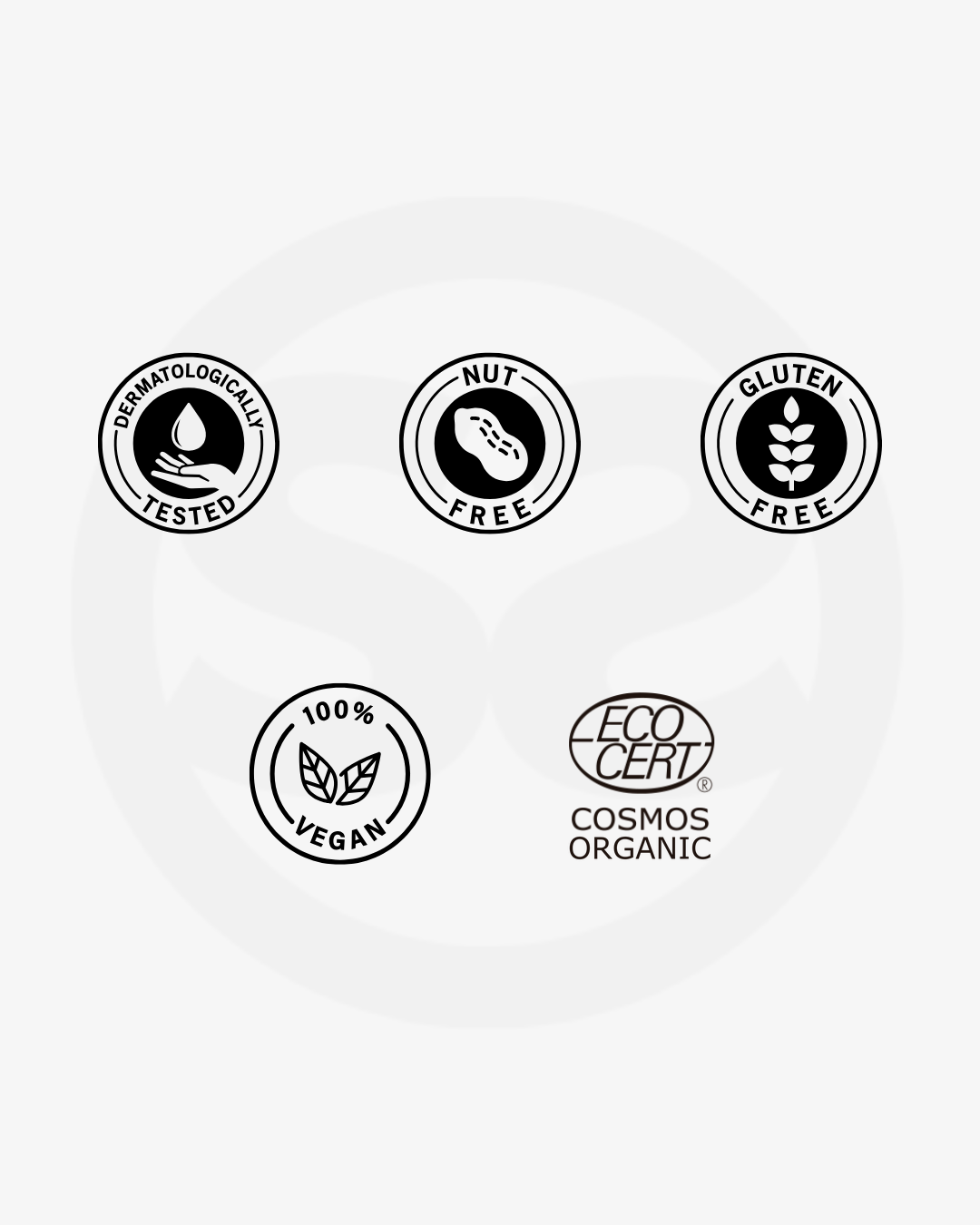 Certification badges for SILNT Cleansing Oil: dermatologically tested, nut free, gluten free, 100% vegan and Ecocert COSMOS Organic