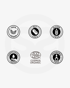 Certification badges for SILNT Overnight Cream: 100% vegan, nut free, gluten free, dermatologically tested, Ecocert COSMOS Organic and fragrance free