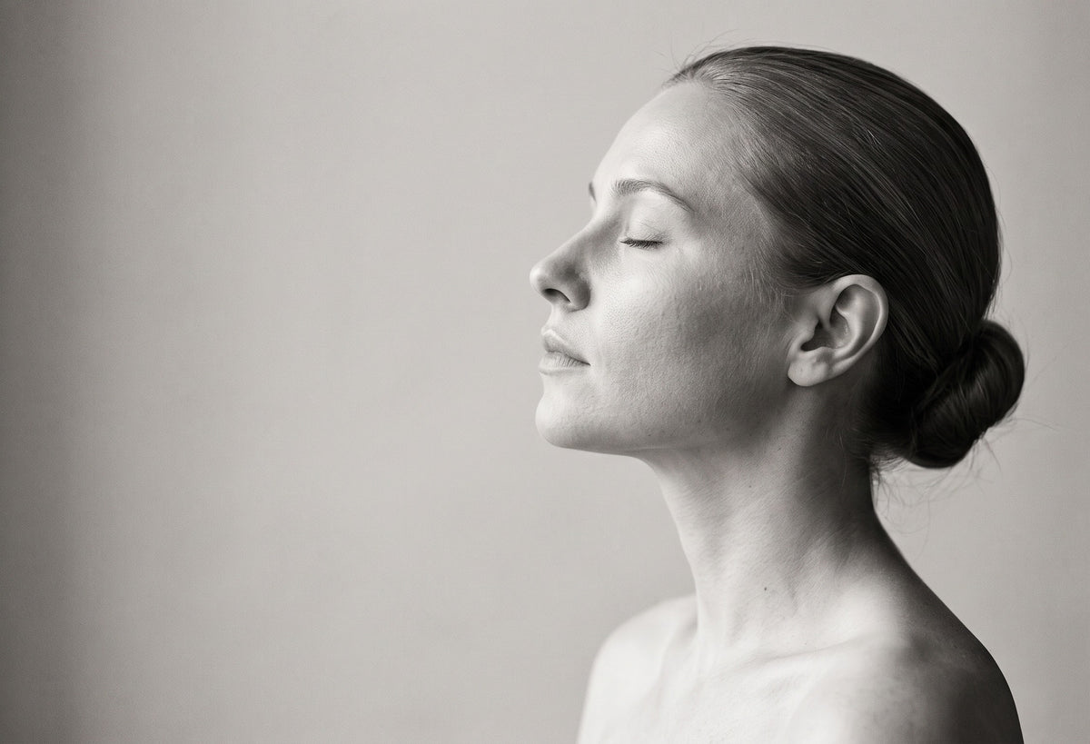 A woman in profile with her eyes closed, in soft window light