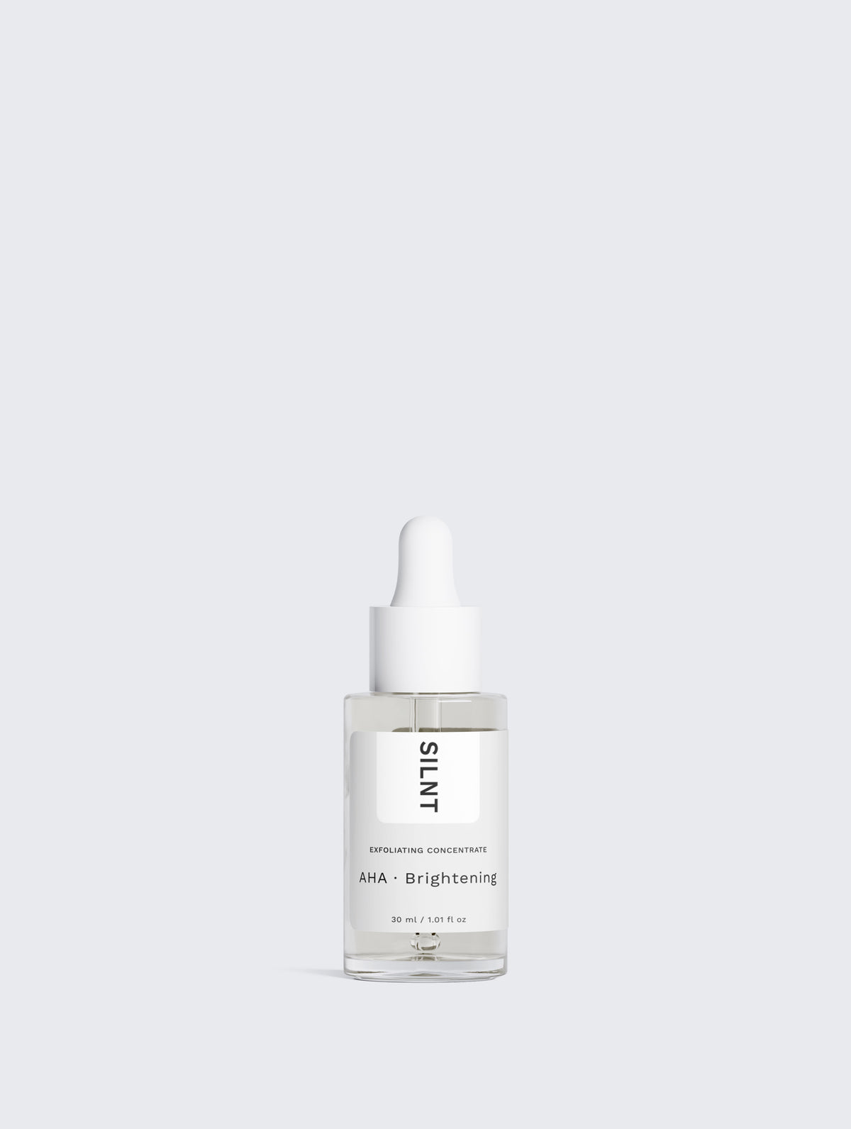 SILNT Exfoliating Concentrate glass dropper bottle with clear fluid on a light grey background